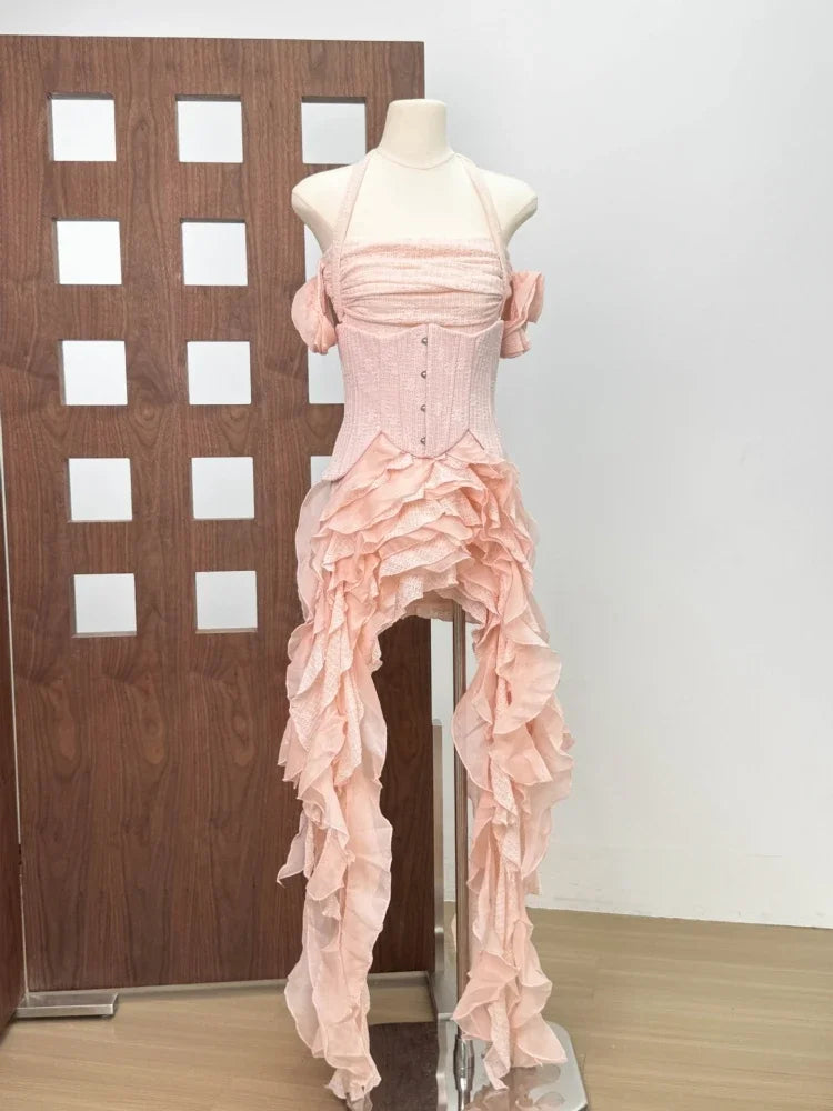 Women Sexy Short Dress Three Piece Sets Sexy Halter Neck Folds Ruffled Dress+Lace-up Corset Top+Shorts Suits Party Cocktail
