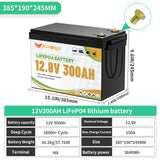 FLLYROWER 12V 300Ah LiFePO4 Lithium Battery Pack With 200A BMS Energy Deep Cycles For Off-Grid Motorhome Solar System RV Boat