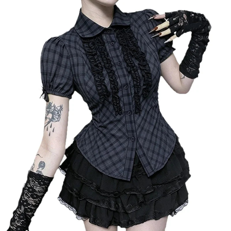 Summer American Casual Punk T Shirt Women Short Sleeve Lapel Single Breasted Plaid Top Subculture Y2K Gothic Shirt Street Style