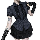 Summer American Casual Punk T Shirt Women Short Sleeve Lapel Single Breasted Plaid Top Subculture Y2K Gothic Shirt Street Style