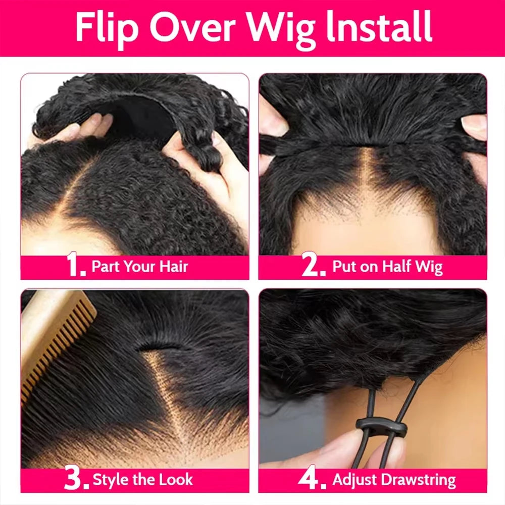 Burmese Curly 3 IN 1 Half Wigs Human Hair With Drawstring 210 Density Burmese Curly Hair Half Wig Deep Wave Ready to Wear Half Wigs Full Machine Wig