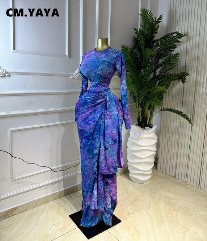 CM.YAYA Women Tie Dye Print O-neck Ruched Ribbon Long Dress 2026 Fall Street Evening Birthday Beach Party Vestidos Sexy Dresses
