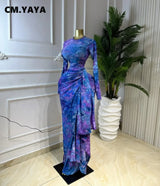CM.YAYA Women Tie Dye Print O-neck Ruched Ribbon Long Dress 2026 Fall Street Evening Birthday Beach Party Vestidos Sexy Dresses