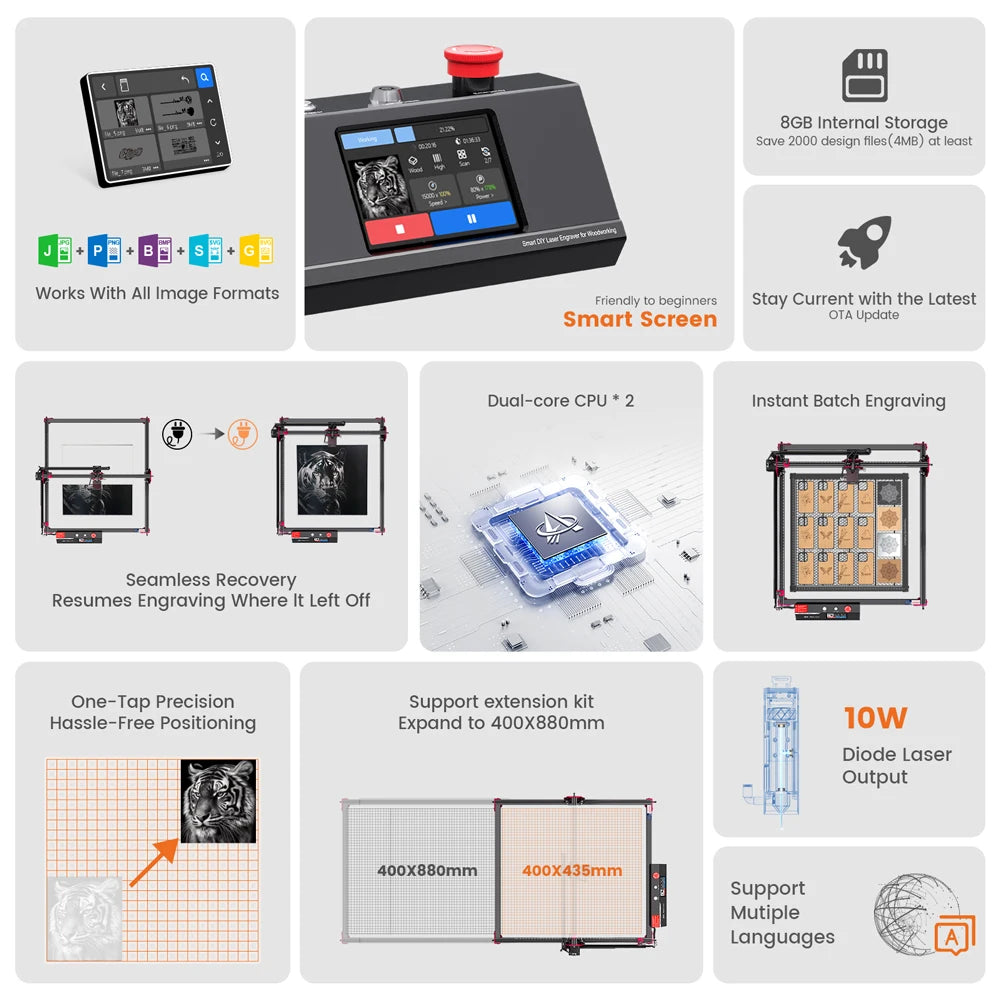 Algolaser DIY KIT MK2 10W Table CNC Laser Cutter Engraver 3.5” Touch Scree Phone&WiF Metal Wood Lase Cutting Engraving Machine