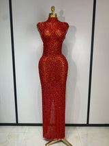 Sparkly Gold Rhinestone Sleeveless Stretch Long Dress Women Sexy Mesh Celebrate Evening Prom Birthday Dress Photo Shoot Wear