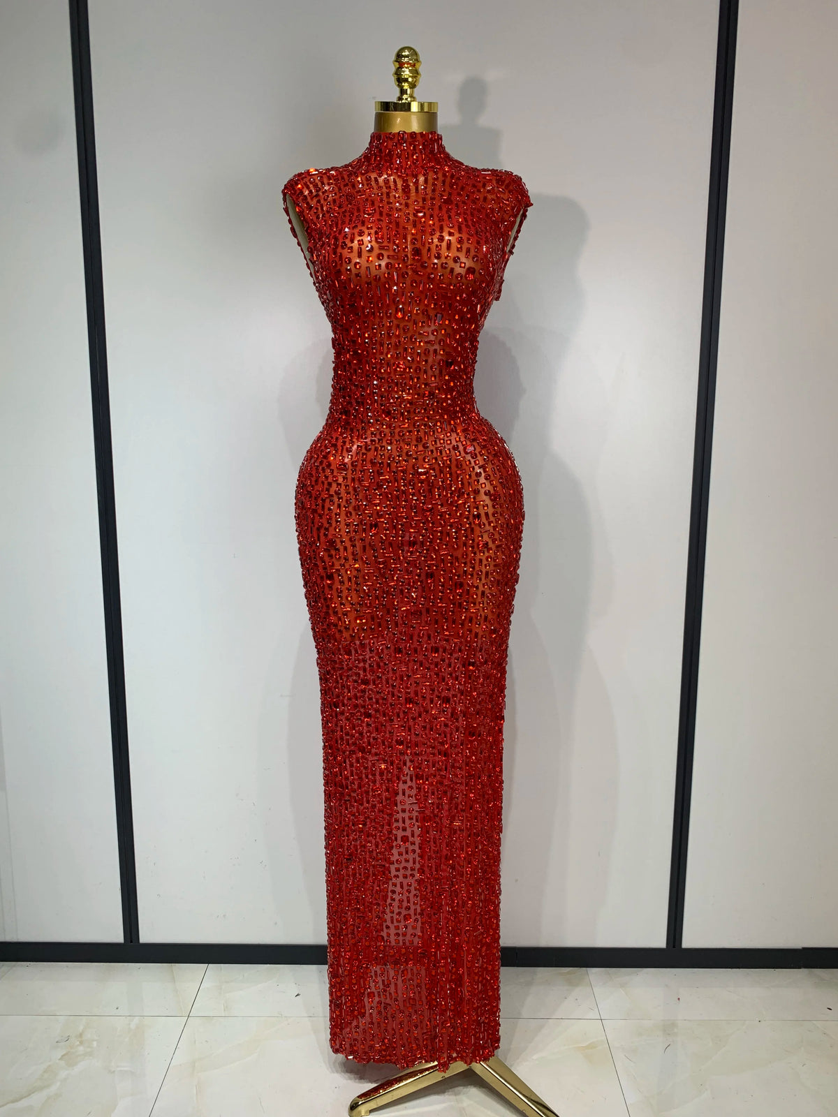 Sparkly Gold Rhinestone Sleeveless Stretch Long Dress Women Sexy Mesh Celebrate Evening Prom Birthday Dress Photo Shoot Wear
