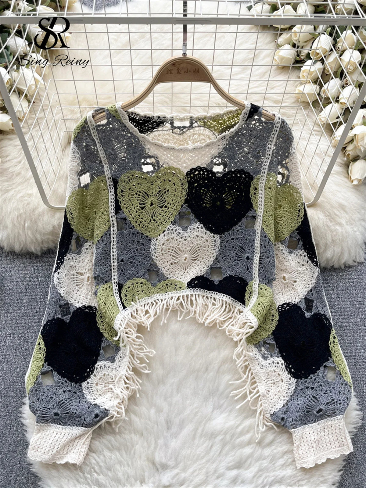 SINGREINY Fashion Casual Loose Blouse Women O Neck Hook Flower Hollow Long Sleeved Tassel Design Autumn Streetwear Knitting Top