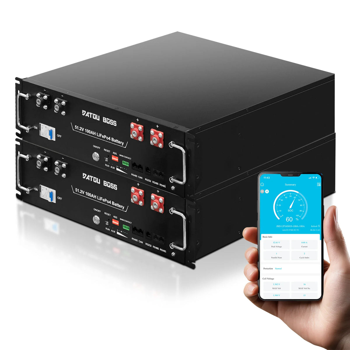 DATOUBOSS 48V 100Ah LiFePO4 Lithium Battery, 5.12kWh 3U Server Rack Battery Built-in 100A BMS, 15,000+ Deep Cycles, Bluetooth & App Monitoring, RS232/RS485/CAN, for Home, RV & Off-Grid Backup