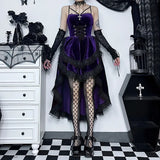 Gothic Low Swing Cocktail Party Dress Women's Vintage Goth Lace Smocked Elastic Waist Pleated Flowy Bodycon Dresses