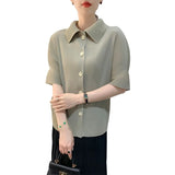 Miyake Pleated Lapel Button Up Short Sleeved Top for Women's Fashion,commuting Solid Color Shirt Spring 2024 Women's Clothing