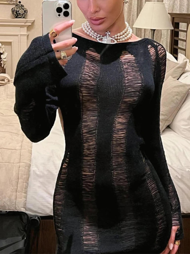 TARUXY Sexy Sheer Knitted Dress Women Bodycon Long Sleeve Hollow Out Mini Dresses Femme Club Sexy Backless Knitwear Dress Womens