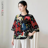 LANMREM High End Whimsical Horse Print Pleated Woemn's T-shirt Half Sleeve Round Neck Loose Fit Lightweight Casual Top 2DB6913