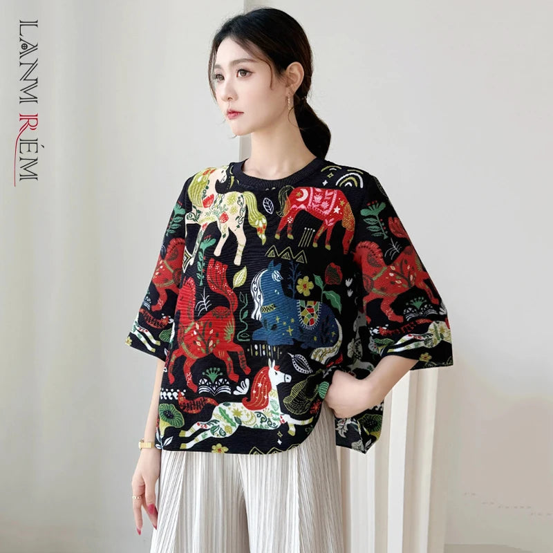 LANMREM High End Whimsical Horse Print Pleated Woemn's T-shirt Half Sleeve Round Neck Loose Fit Lightweight Casual Top 2DB6913