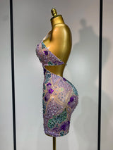 Sprakly Rhinestones Women Sexy Mesh See Through Hollow Out Mini Dresses Luxury Birthday Birthday Photo Shoot Performance Costume