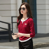 Deep Blue Long Sleeved T-Shirt for Women's Autumn New High-End Cotton Fashion Plus Size V-Neck Fake Two Piece Casual Top
