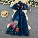 Chic vintage Sexy print mesh lace-up button Fairy Summer Women Boho Sundress women clothing Long dress