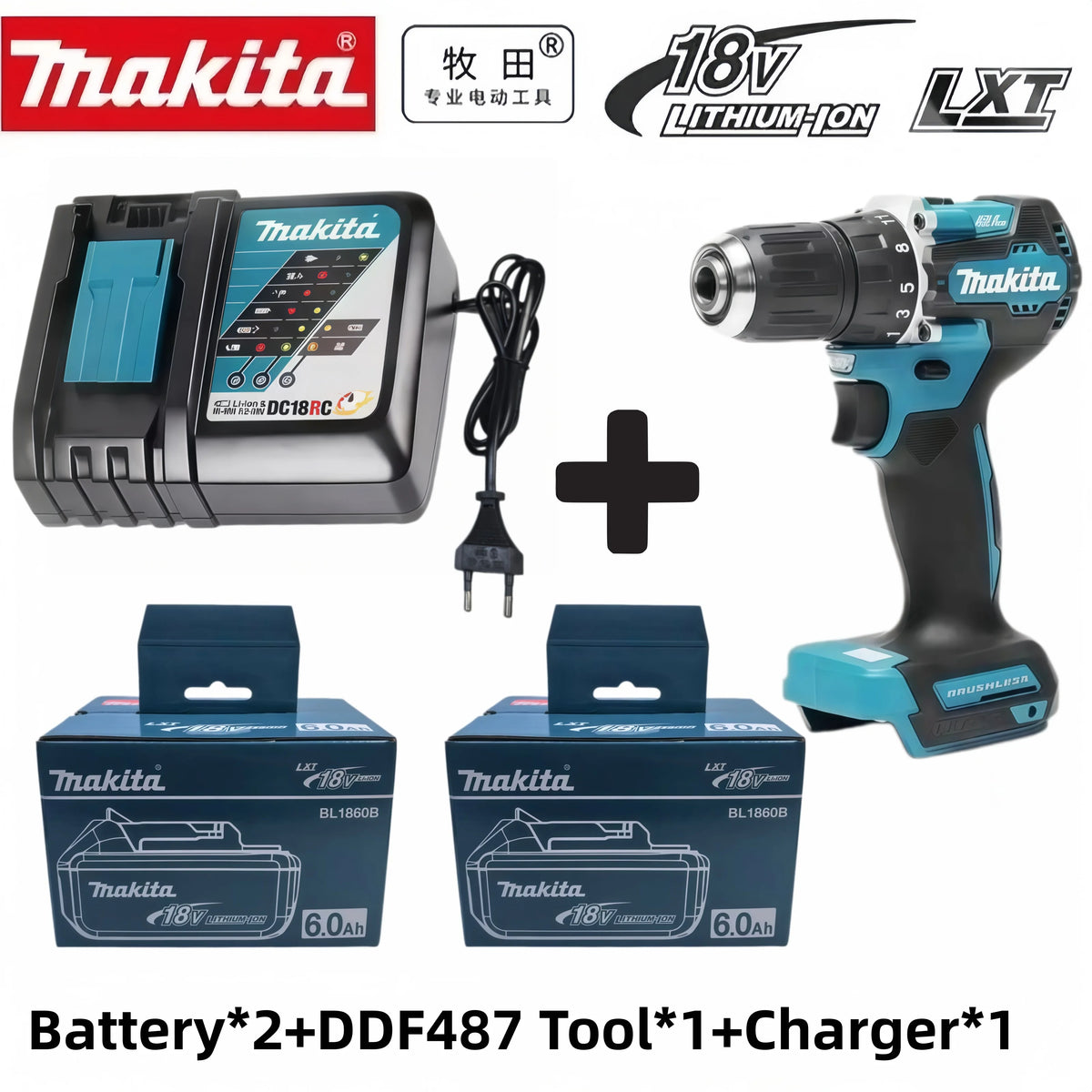 Original Makita 18V DDF487 Brushless Cordless Drill, Electric Screwdriver With 6.0Ah Battery Various Complete Packages