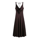HH Women's Solid Vacation Style Satin Texture Backless V-neck Midi Dress Summer Female Elegant Sexy Lace-up Strap Dress
