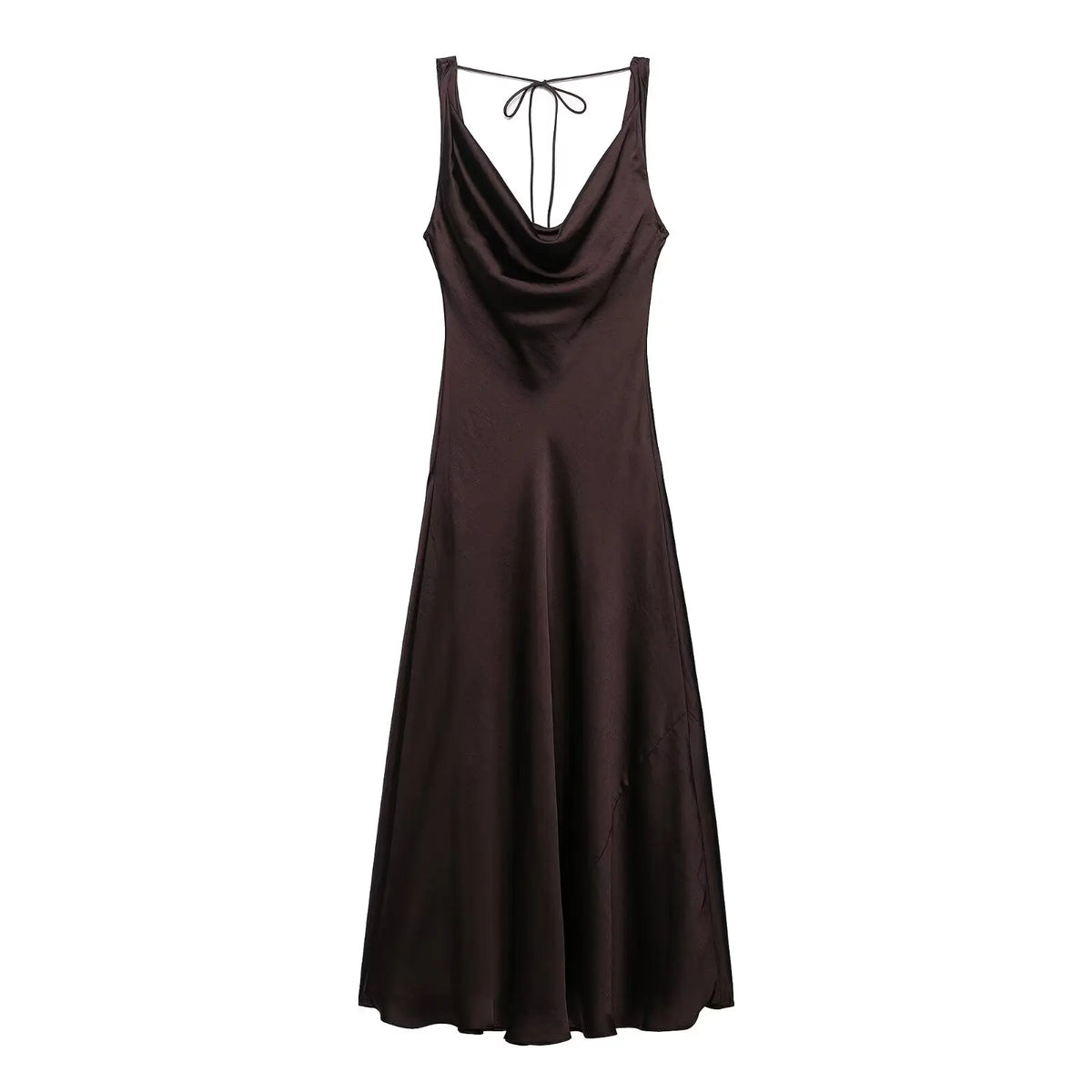 HH Women's Solid Vacation Style Satin Texture Backless V-neck Midi Dress Summer Female Elegant Sexy Lace-up Strap Dress
