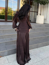 Women's Fashion Draped Design Solid Long Dress 2026 Casual Commute Waist Party Dresses Elegant O-neck Long Sleeve Evening Dress
