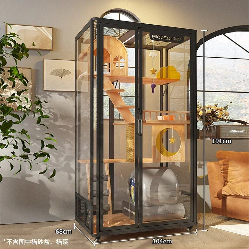 Villa Luxury Large Glass Cat Cabinet Solid Wood Cat House Home Indoor Cat Cage with Toilet
