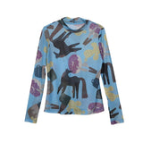 MOVEUP Long-Sleeve T-Shirt 2026 Spring New Stand Collar Printed Lightweight Mesh Base Slim Fit Short Women's Top 3ELC10553