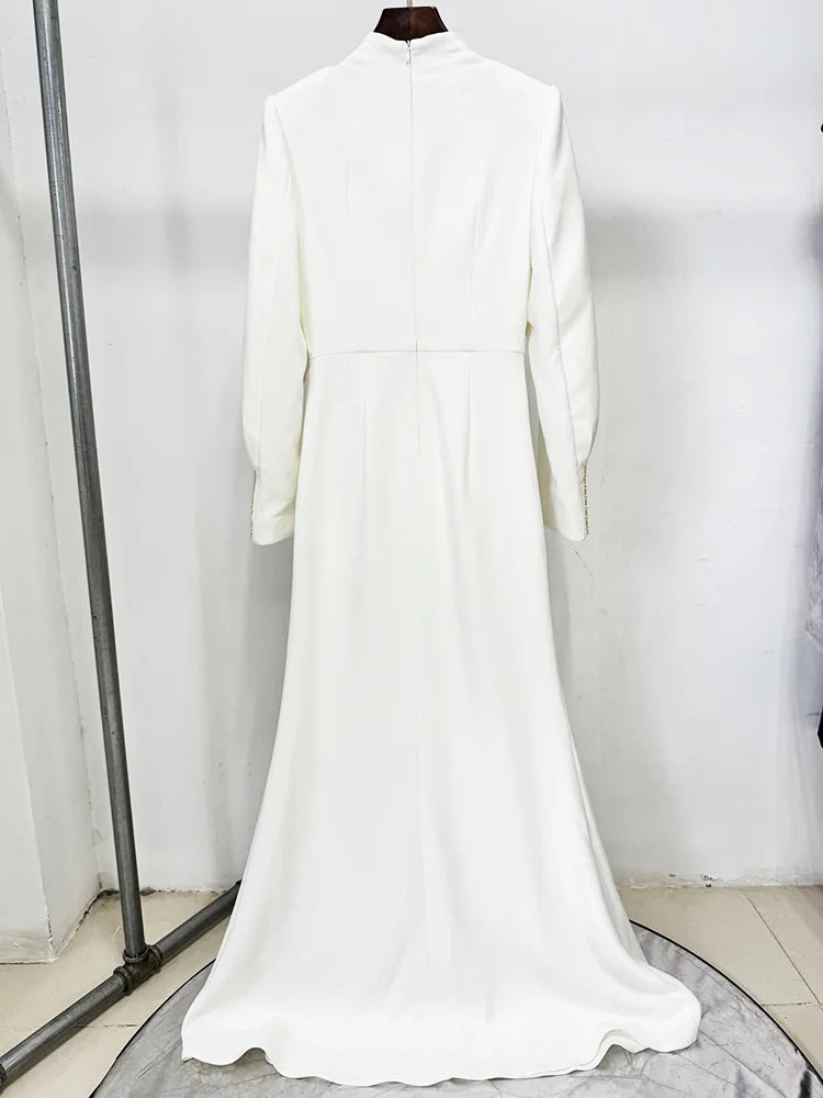 HIGH STREET Newest 2026 Designer Vestido Women's Diamonds Beaded Cape Sleeve Floor Length Maxi Long Dress