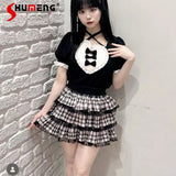 Japanese Sweet Cute Embroidered Lace Heart Bow Lace-up Halter Neck Collar Puff Sleeve Versatile Casual T-shirt Top Women Summer