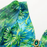 Flaxmaker Women Sexy Deep V Neck Long-sleeved Jungle Green Print One Piece Swimsuit And Skirt Summer Bathing Suit Monokini