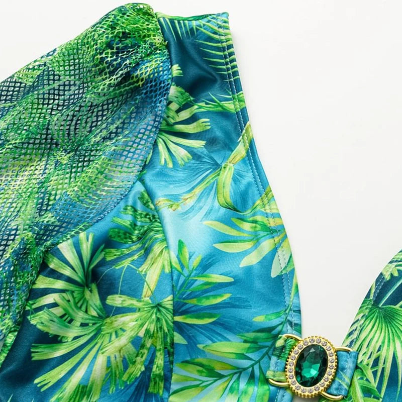 Flaxmaker Women Sexy Deep V Neck Long-sleeved Jungle Green Print One Piece Swimsuit And Skirt Summer Bathing Suit Monokini