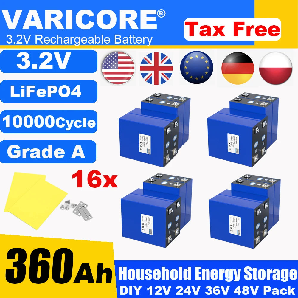 Grade A 3.2V 360AH 340Ah Battery LiFePO4 Lithium Iron Phospha for 12V 24V 4S E-scooter RV Solar Energy Storage System Duty-free