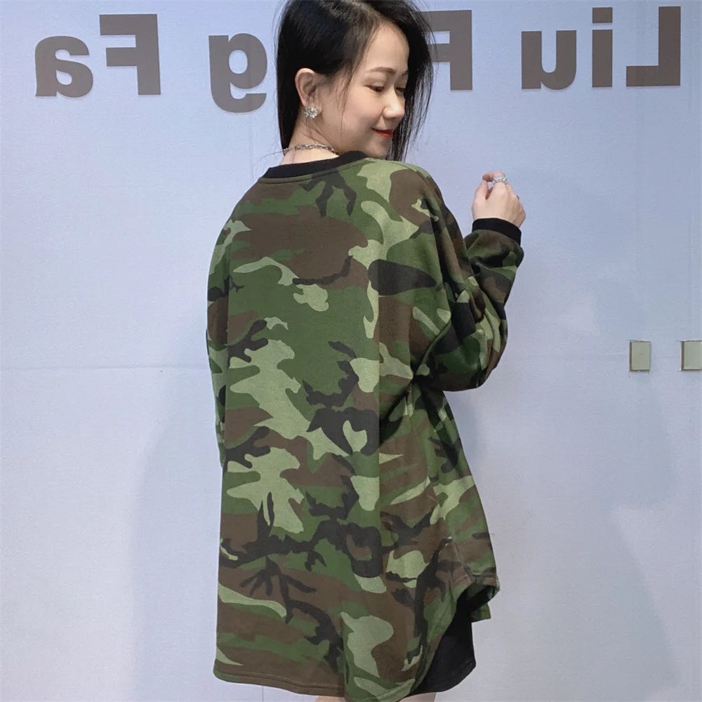 Tiger Head Camouflage Long Sleeve T Shirt Woman 2026 Spring Casual O Neck Oversized Tees Japanese Korean fashion Top Y2k Bust140