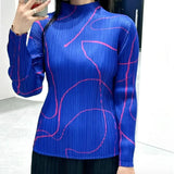 Miyake Pleated Classic High Quality Top Line Print Designer Half Turtle Neck Long Sleeve Pleated T-Shirt