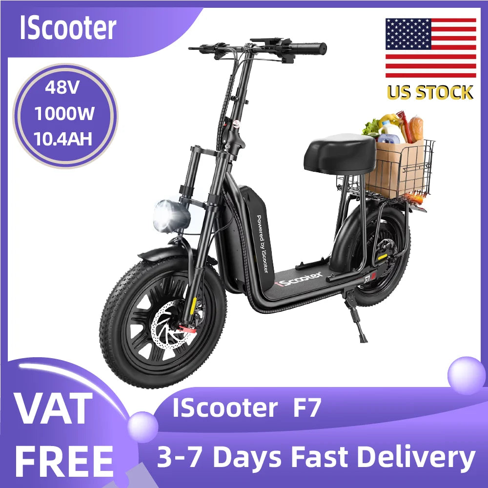 ISCOOTER F7 Adult Electric Scooter 1000W Motor E Scooter 16 Inch Tires All-Terrain E-Scooter 48V10.4AH Battery Electric Scooter