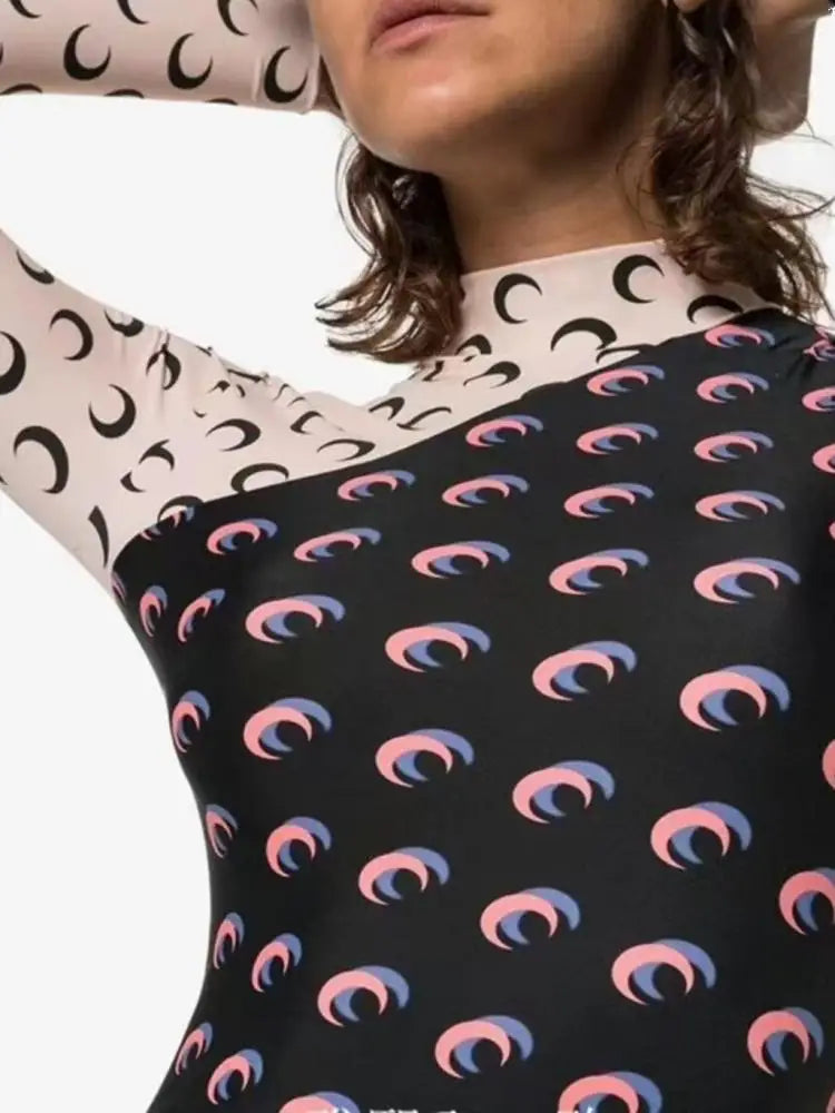 Women's Moon Print Long Sleeve Layered Splicing T-Shirt Uv Protection Slim Fit Casual Top for Daily Commute Streetwear
