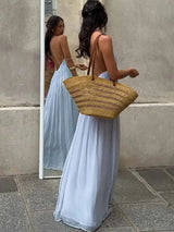 BKQU Spaghetti Strap Blue Pleated Long Dress Women Sexy V Neck Cross Backless Loose A-line Beach Party Elegant Ladies Robe 2025