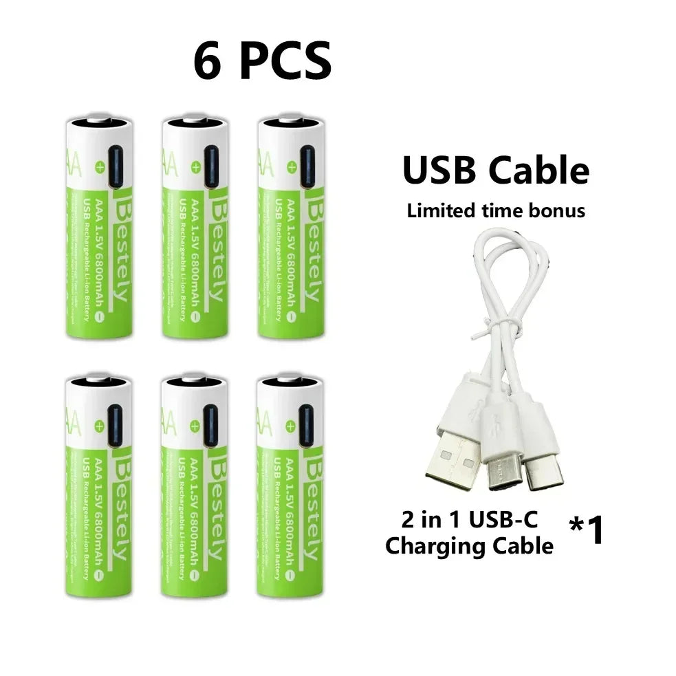 2025 Pro 1.5V AAA 6800mAh Rechargeable Battery, Type-C Fast Charging Li-ion Batteries, 2000 Cycles LED Indicator with Free Cable
