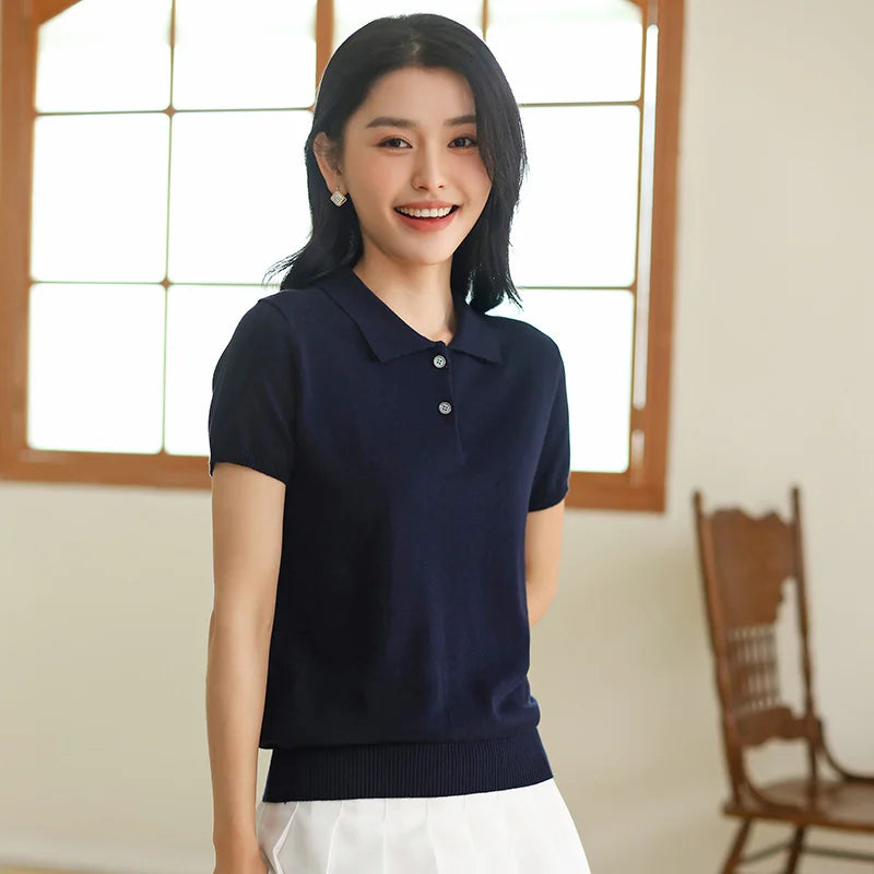 WinvyNee Summer Women's Clothing Cotton T-shirt Short Half Sleeve Polo Collar Clothes Solid Casual Pullover Female Top A1522006