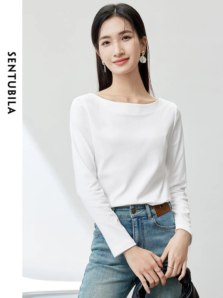 SENTUBILA Women's Cotton T-shirts 2026 Spring Autumn Simlple Long Sleeve Top Solid Basic Tee Shirts Female Pullovers 143T57728X
