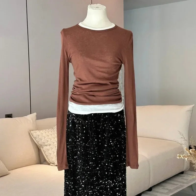 Spring Basic Wool Blending Base Layer Tops Women T Shirt