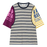 ELFSACK Striped Asymmetric Color-Block T-Shirt, Letter Print Ruffled Knit Tee, Casual Loose Top for Women