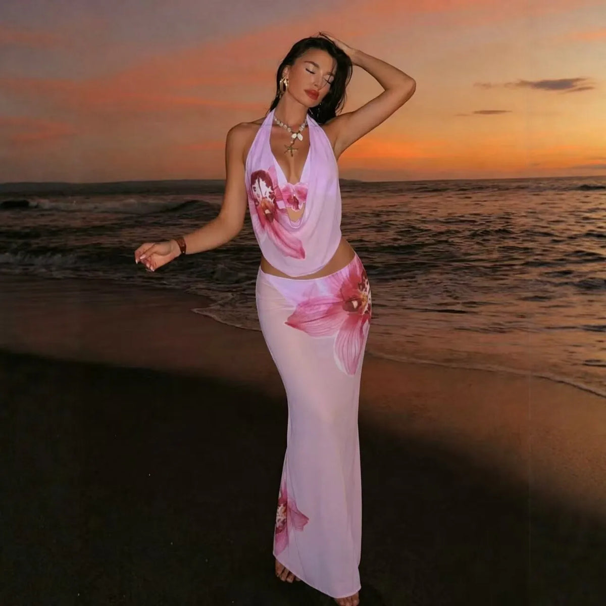 Ladies Pink Floral Print Bikini Swimsuit Three-Piece Set with Thermal Spring Long Skirt Separate Swimwear by BreezeWind