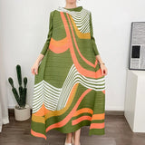 ANLAN Miyake Pleated Dress 2024 Summer New O-Neck Long Sleeved Printed Fashion Evening Dresses Elegant Women's Clothing 9AK2075