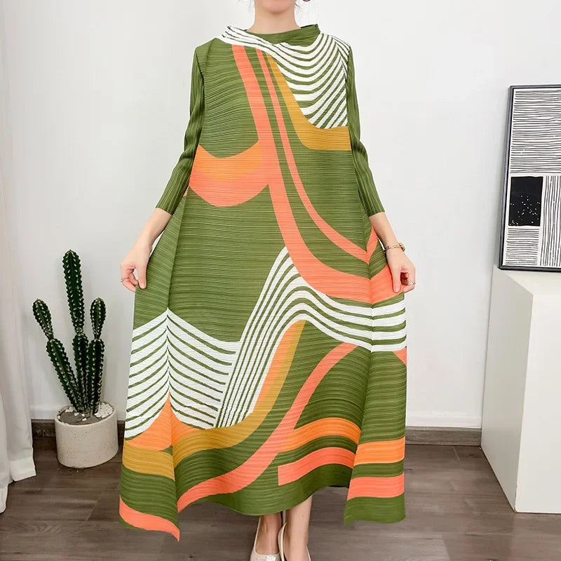 ANLAN Miyake Pleated Dress 2024 Summer New O-Neck Long Sleeved Printed Fashion Evening Dresses Elegant Women's Clothing 9AK2075