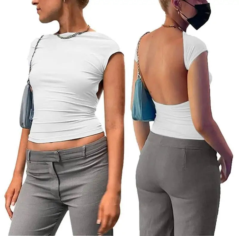 New Summer Backless T-Shirt Women Sexy Short Tops Pullovers Streetwear Clothes Solid Base Tees Black