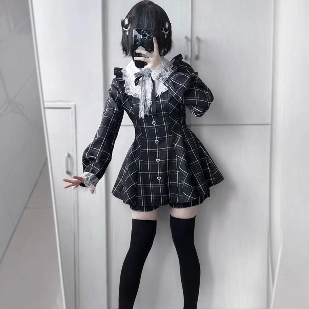 Womens Lolita Kawaii Sweet Lace Patchwork Plaid Dress Fairy Grunge Ruffled Long Sleeve Dresses Y2k Aesthetic Lolita Vestidos