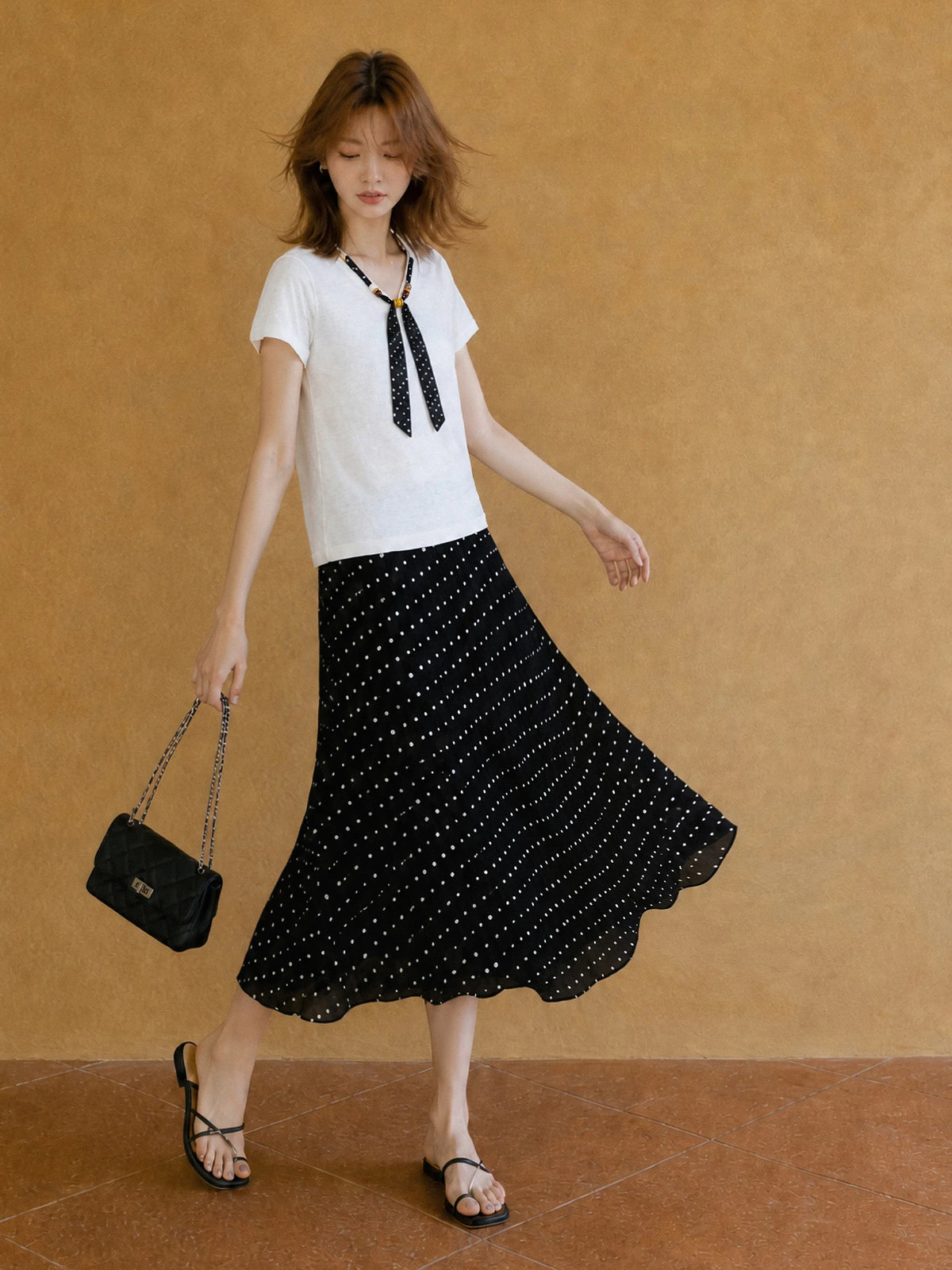 XIAOGULI French Style Women Cotton Blouse Polka Dot Ribbon Bow Short Sleeve T-shirt V-Neck Casual Soft Lightweight Daily Top