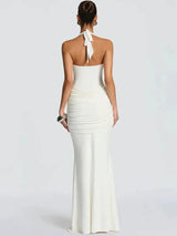 Mozision Halter Backless Sexy Maxi Dress Women Elegant V Neck Sleeveless Draped Ruched Bodycon Club Party Long Dress Female