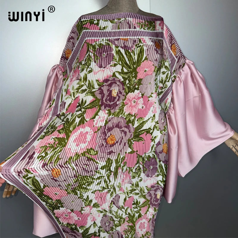 WINYI Bubble Sleeve Pleated Dress Beach Cover Up Kaftan Abaya Dubai Luxury Party Dress Long Down Muslim Woman Evening Dress