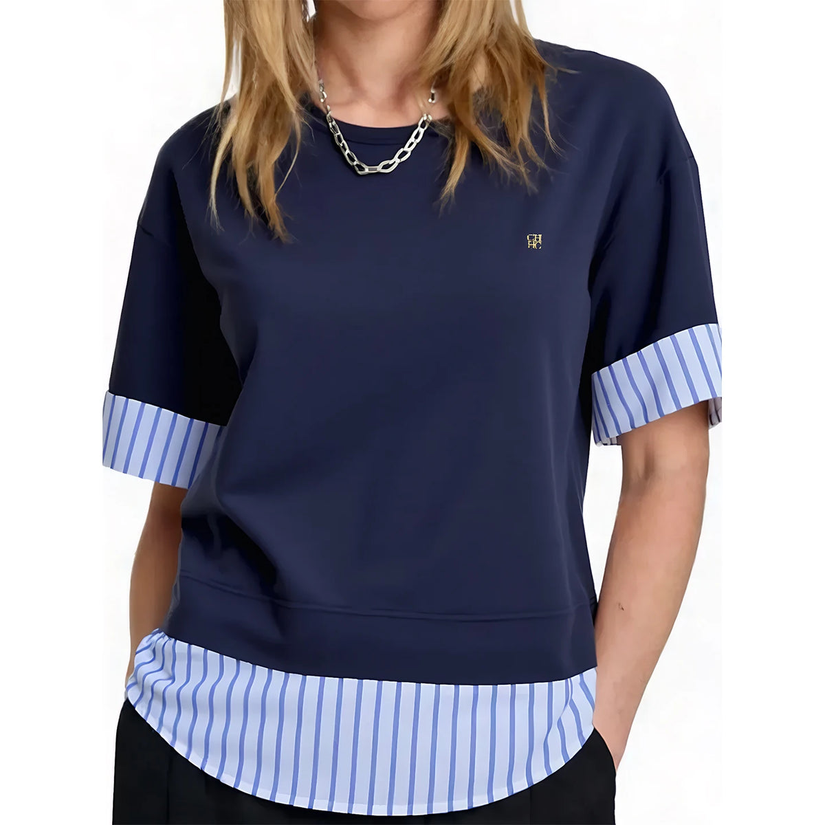 CH Metal Logo Short Sleeve T Shirt Women Stripe Patchwork Fake Two Piece Drop Shoulder Loose Fit Casual Daily Tops